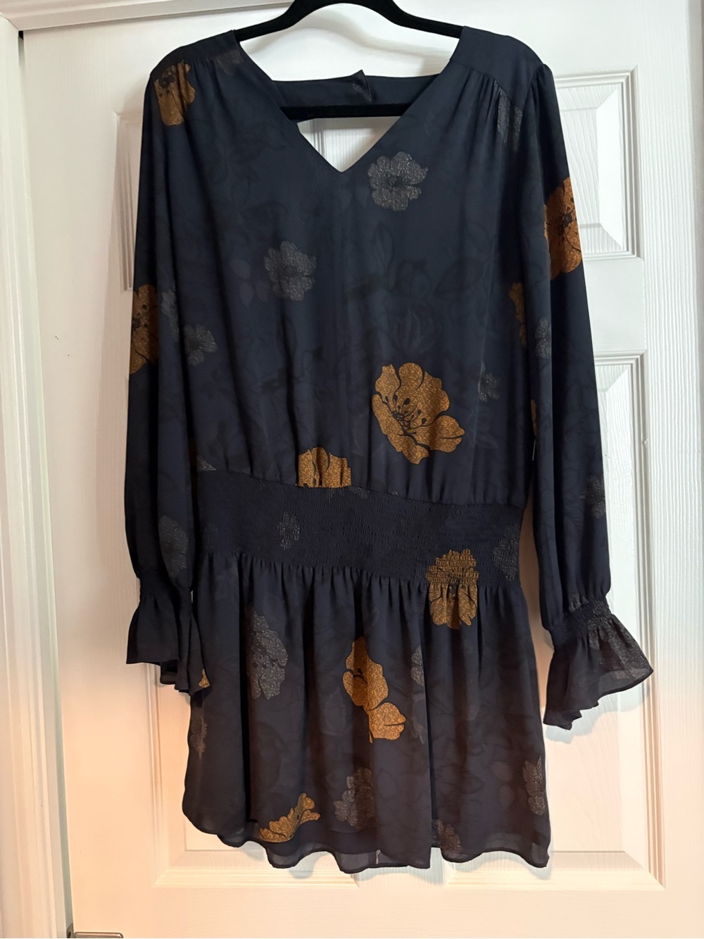 Chelsea28 Long-Sleeve V-Neck Dress with Gold Floral Print